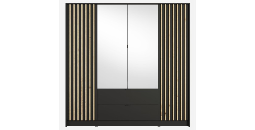 Armoire TORVIK 4 portes avec miroirs, tiroirs et tasseaux noir et chêne 200 cm