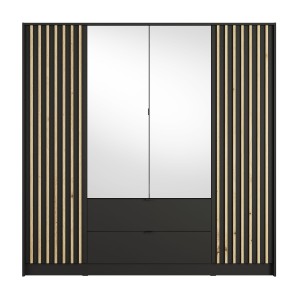 Armoire TORVIK 4 portes avec miroirs, tiroirs et tasseaux noir et chêne 200 cm