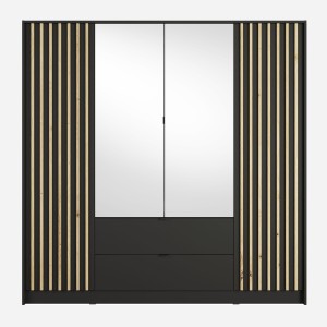 Armoire TORVIK 4 portes avec miroirs, tiroirs et tasseaux noir et chêne 200 cm