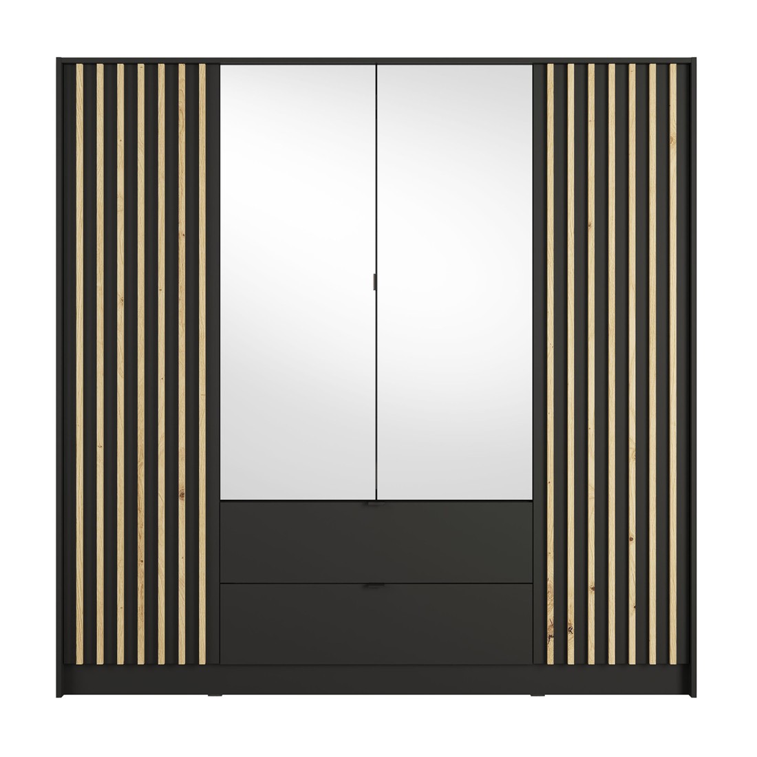Armoire TORVIK 4 portes avec miroirs, tiroirs et tasseaux noir et chêne 200 cm