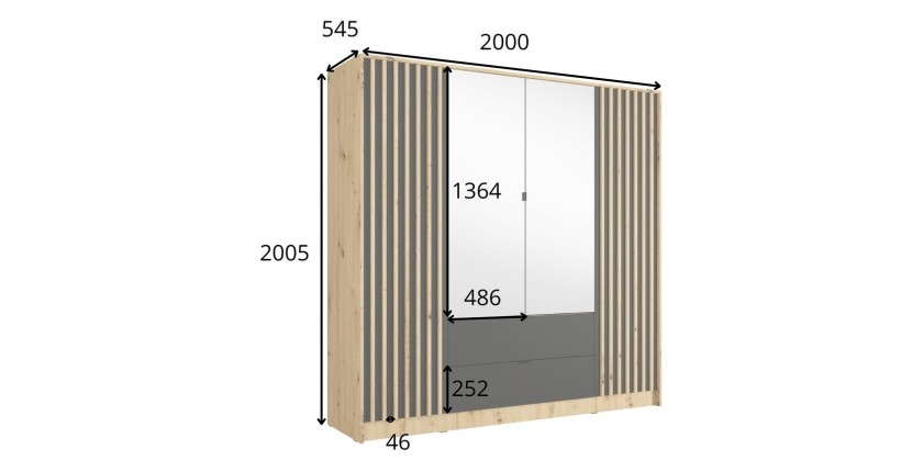 Armoire TORVIK 4 portes avec miroirs, tiroirs et tasseaux noir et chêne 200 cm