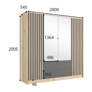 Armoire TORVIK 4 portes avec miroirs, tiroirs et tasseaux noir et chêne 200 cm
