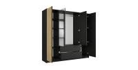 Armoire TORVIK 4 portes avec miroirs, tiroirs et tasseaux noir et chêne 200 cm
