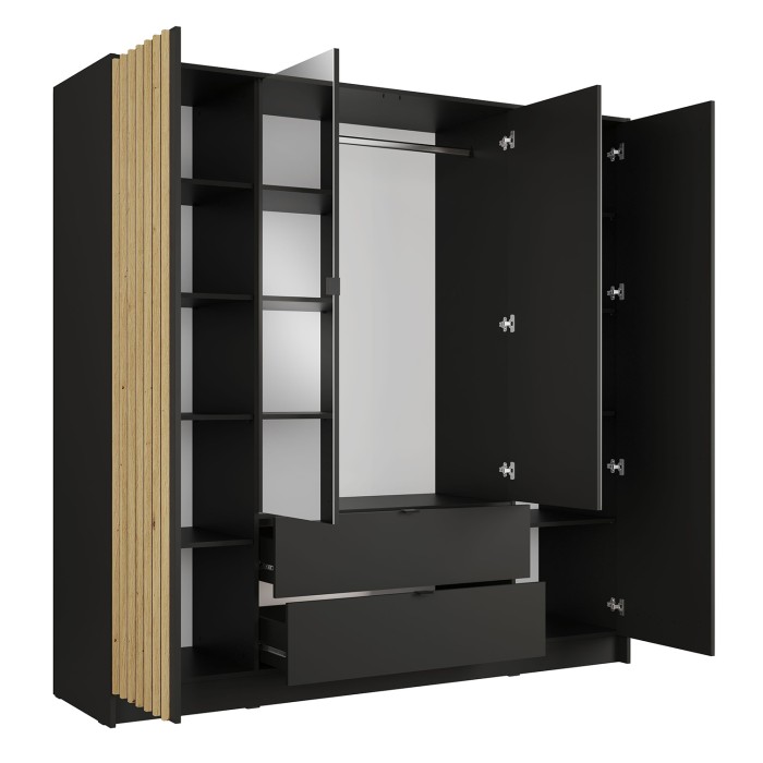 Schrank TORVIK 4-türig mit Spiegeln, Schubladen und Leisten in Schwarz und Eiche 200 cm