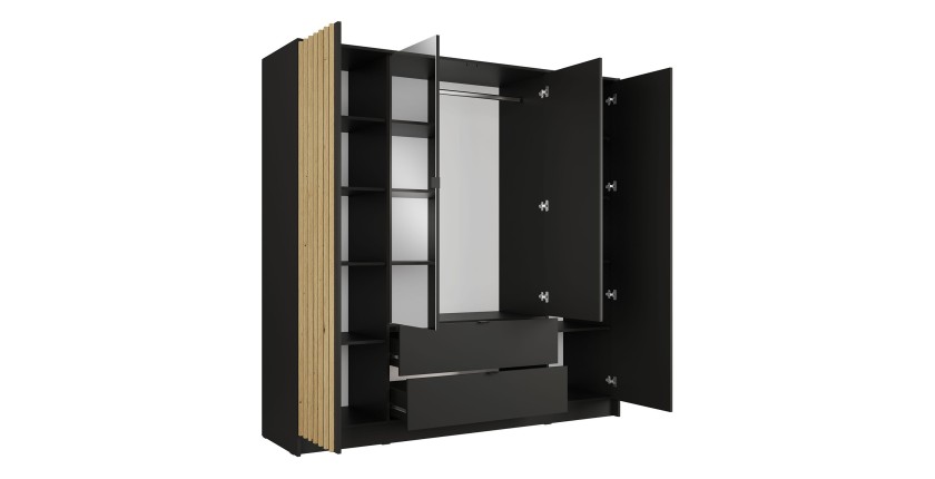 Armoire TORVIK 4 portes avec miroirs, tiroirs et tasseaux noir et chêne 200 cm