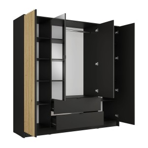 Armoire TORVIK 4 portes avec miroirs, tiroirs et tasseaux noir et chêne 200 cm