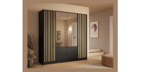 Armoire TORVIK 4 portes avec miroirs, tiroirs et tasseaux noir et chêne 200 cm