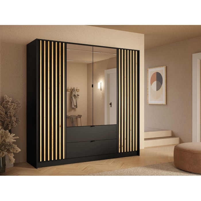 Schrank TORVIK 4-türig mit Spiegeln, Schubladen und Leisten in Schwarz und Eiche 200 cm