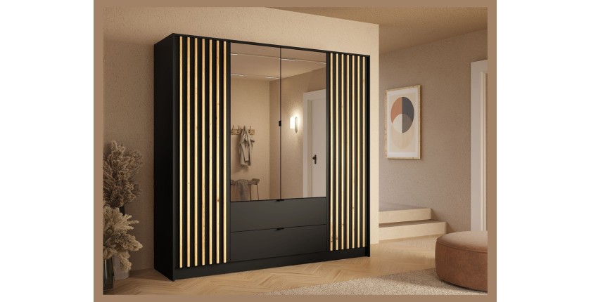 Armoire TORVIK 4 portes avec miroirs, tiroirs et tasseaux noir et chêne 200 cm
