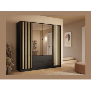 Armoire TORVIK 4 portes avec miroirs, tiroirs et tasseaux noir et chêne 200 cm