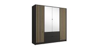 Armoire TORVIK 4 portes avec miroirs, tiroirs et tasseaux noir et chêne 200 cm