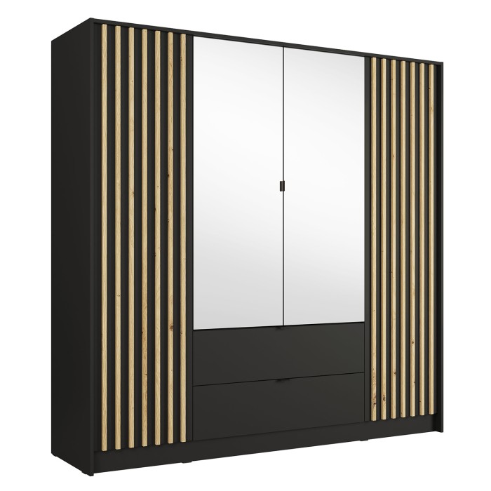 Schrank TORVIK 4-türig mit Spiegeln, Schubladen und Leisten in Schwarz und Eiche 200 cm
