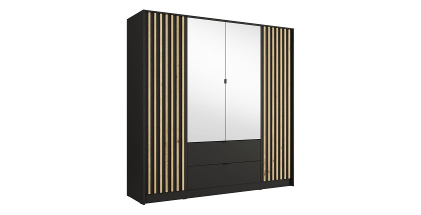 Armoire TORVIK 4 portes avec miroirs, tiroirs et tasseaux noir et chêne 200 cm