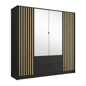 Armoire TORVIK 4 portes avec miroirs, tiroirs et tasseaux noir et chêne 200 cm