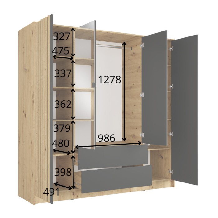 Schrank TORVIK 4-türig mit Spiegeln, Schubladen und Leisten in Schwarz und Eiche 200 cm