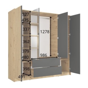 Armoire TORVIK 4 portes avec miroirs, tiroirs et tasseaux noir et chêne 200 cm