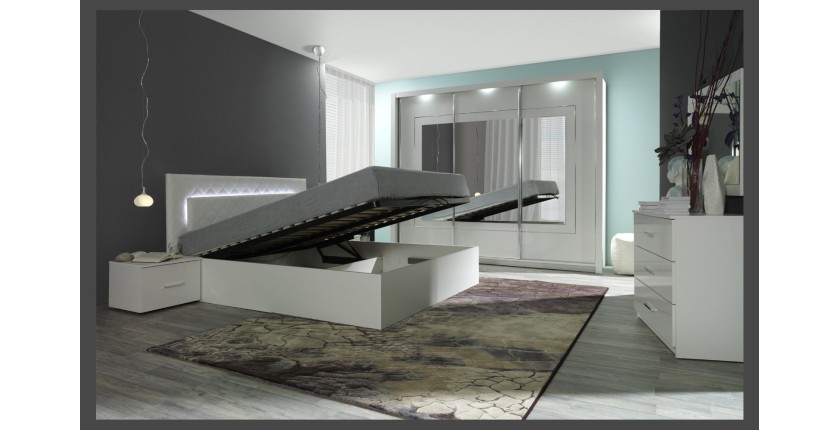 copy of Conjunto de cama PANAREA 180x200 con LED, somier y mesitas de noche – Blanco brillante – Cama de diseño moderno