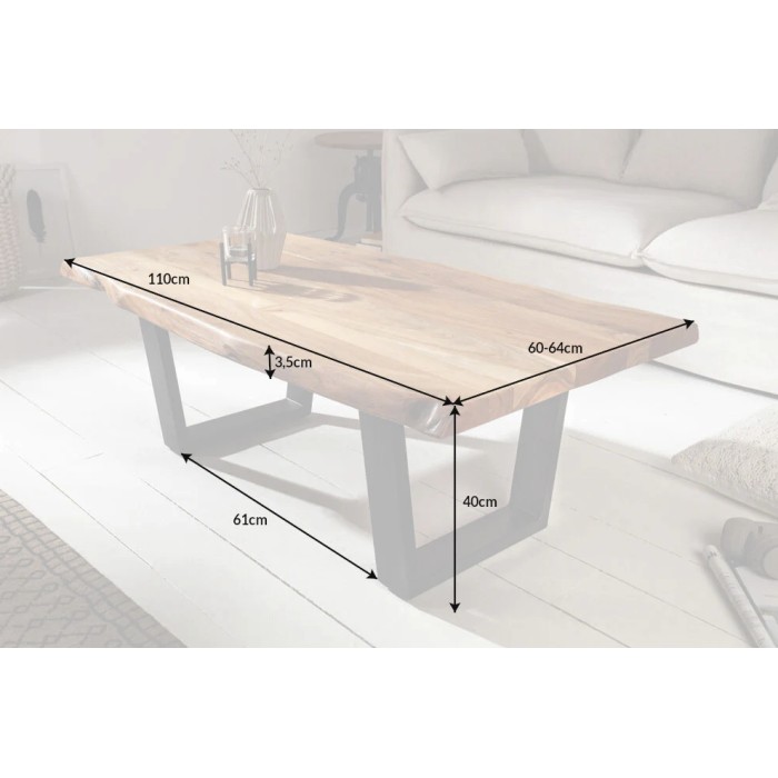Table basse ARKAYA en acacia 110cm pieds noir en forme de U dimensions