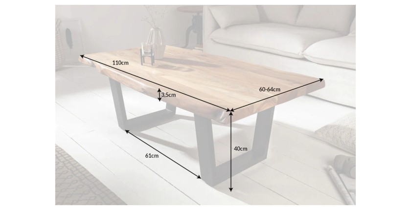 Table basse ARKAYA en acacia 110cm pieds noir en forme de U dimensions