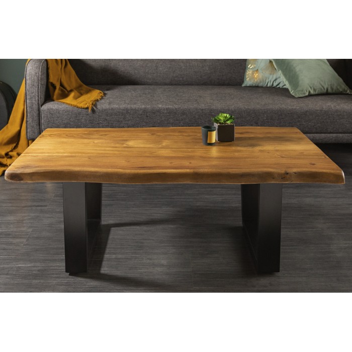 Table basse ARKAYA en acacia 110cm pieds noir en forme de U vue de face