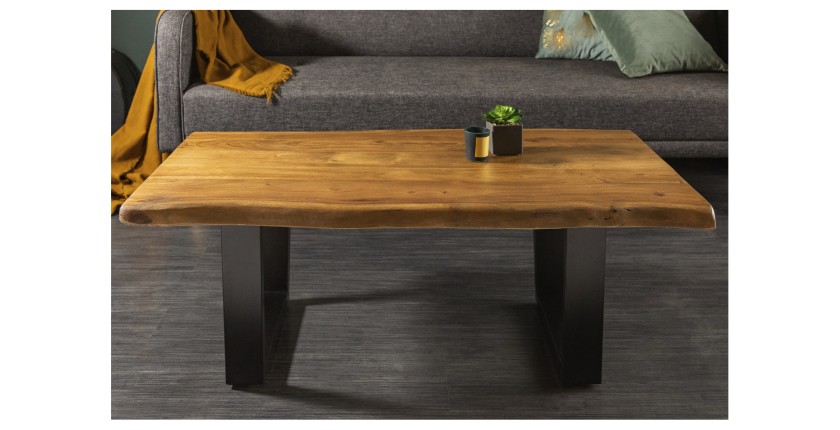 Table basse ARKAYA en acacia 110cm pieds noir en forme de U vue de face