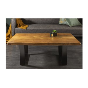 Table basse ARKAYA en acacia 110cm pieds noir en forme de U vue de face