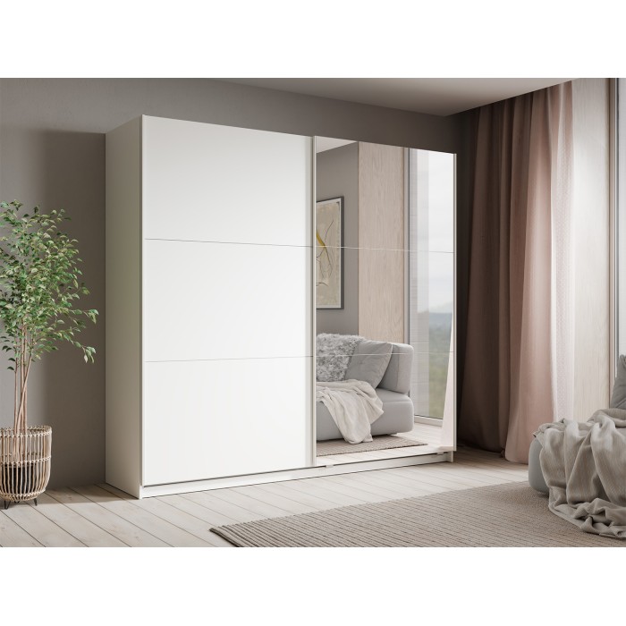 Schrank VENEZIA mit offenem LED-Kleiderschrank und Spiegeln in Mattweiß 221 cm