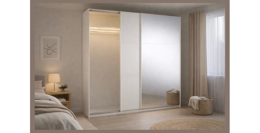 Armoire VENEZIA avec dressing ouvert LED et miroirs blanc mat 221 cm