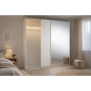 Armoire VENEZIA avec dressing ouvert LED et miroirs blanc mat 221 cm