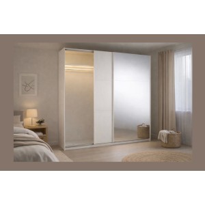 Armoire VENEZIA avec dressing ouvert LED et miroirs blanc mat 221 cm