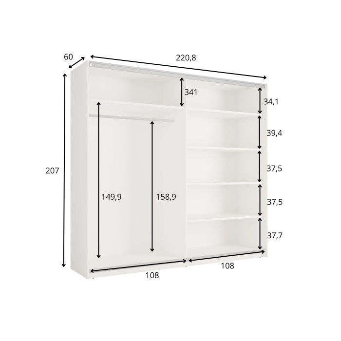 Schrank VENEZIA mit offenem LED-Kleiderschrank und Spiegeln in Mattweiß 221 cm