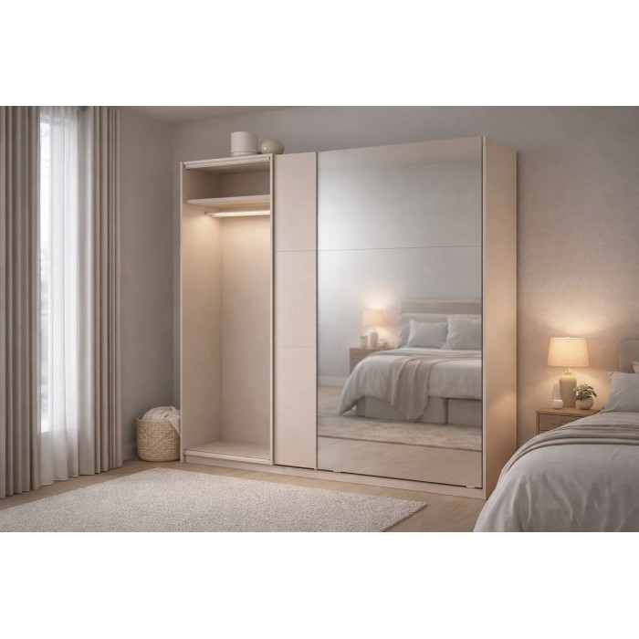 Schrank VENEZIA mit offenem LED-Kleiderschrank und versteckten Kaschmirspiegeln 221 cm