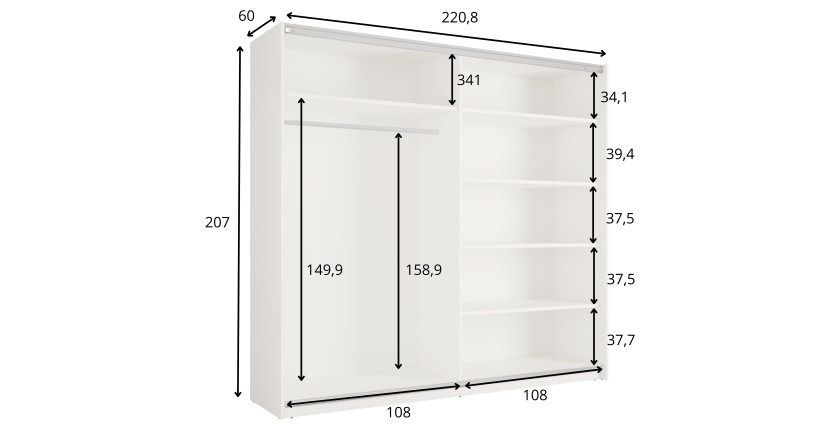 Armoire VENEZIA avec dressing ouvert LED et miroirs cachemire 221 cm