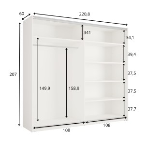 Armoire VENEZIA avec dressing ouvert LED et miroirs cachemire 221 cm