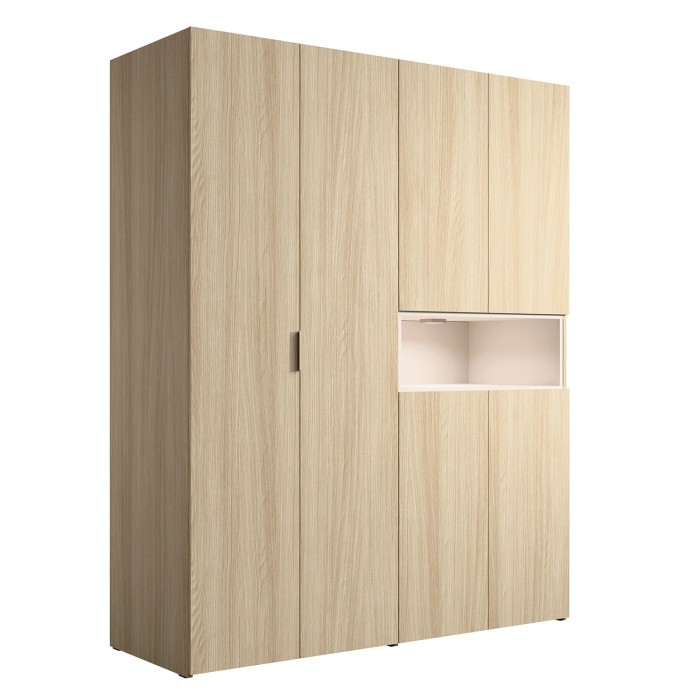 Schrank KAORI 5 Türen mit LED-Nische in hellem Eichenholz und Beige 202 cm