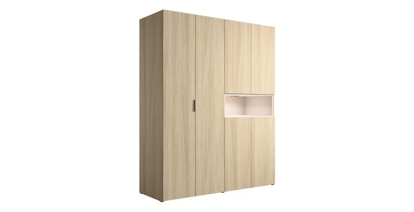 Armoire KAORI 5 portes avec niche LED chêne clair et beige 202 cm
