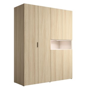 Armoire KAORI 5 portes avec niche LED chêne clair et beige 202 cm