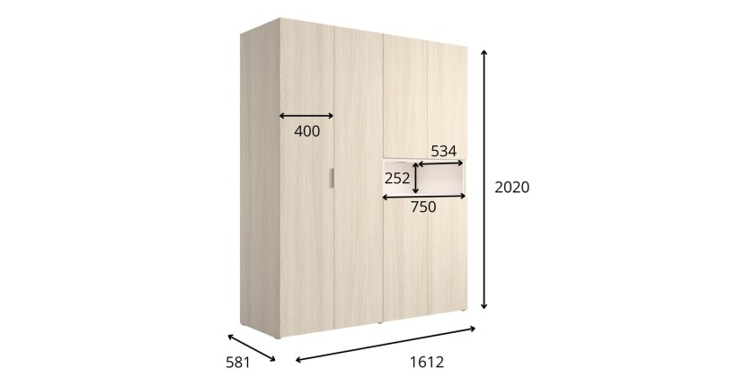 Armoire KAORI 5 portes avec niche LED chêne clair et beige 202 cm