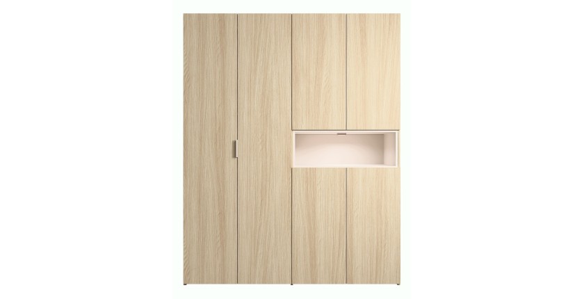Armoire KAORI 5 portes avec niche LED chêne clair et beige 202 cm