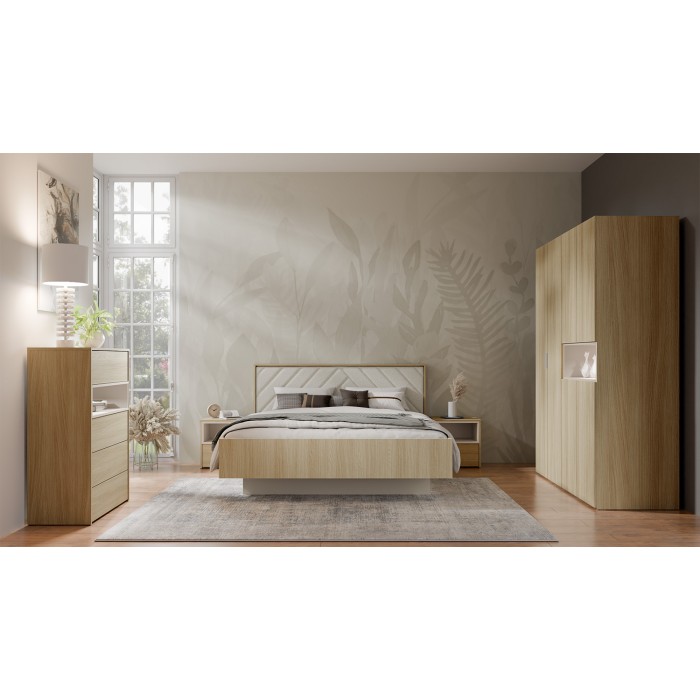 Schrank KAORI 5 Türen mit LED-Nische in hellem Eichenholz und Beige 202 cm