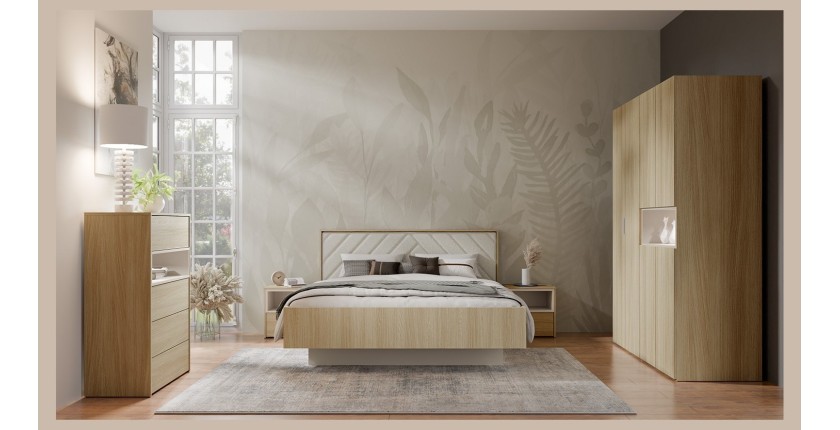 Armoire KAORI 5 portes avec niche LED chêne clair et beige 202 cm