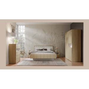 Armoire KAORI 5 portes avec niche LED chêne clair et beige 202 cm
