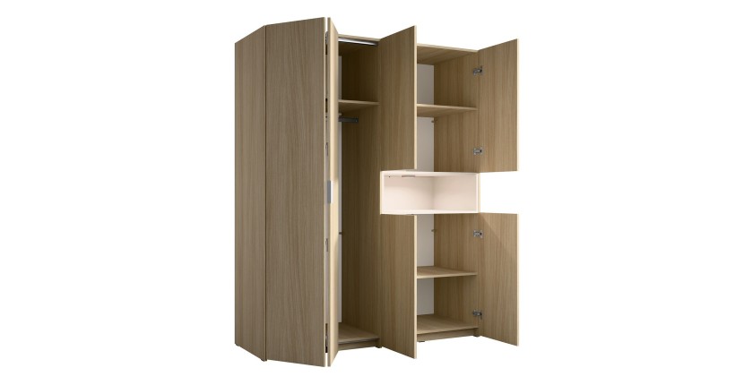 Armoire KAORI 5 portes avec niche LED chêne clair et beige 202 cm