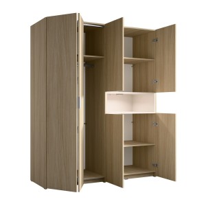 Armoire KAORI 5 portes avec niche LED chêne clair et beige 202 cm