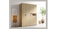 Armoire KAORI 5 portes avec niche LED chêne clair et beige 202 cm