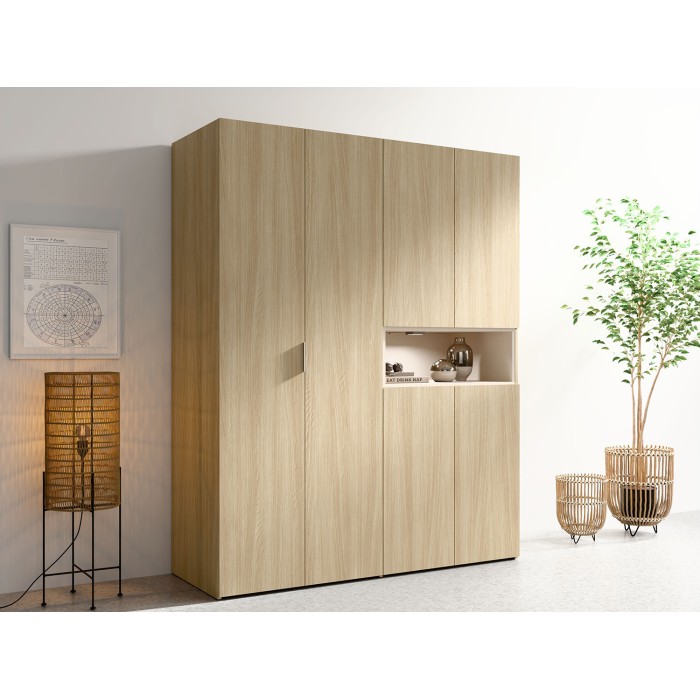 Schrank KAORI 5 Türen mit LED-Nische in hellem Eichenholz und Beige 202 cm