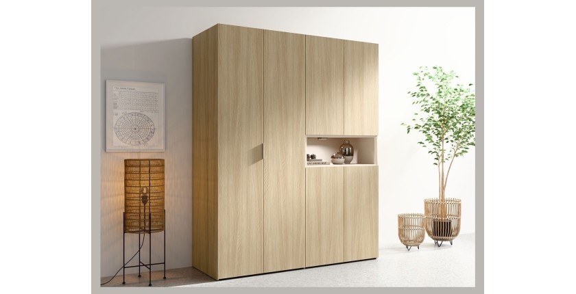 Armoire KAORI 5 portes avec niche LED chêne clair et beige 202 cm