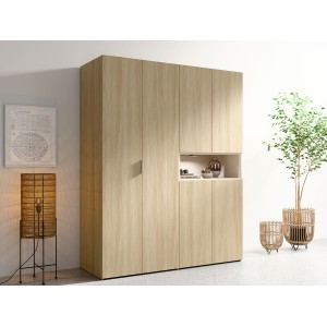 Armoire KAORI 5 portes avec niche LED chêne clair et beige 202 cm