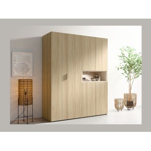 Armoire KAORI 5 portes avec niche LED chêne clair et beige 202 cm