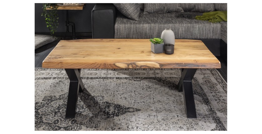 Table basse ARKAYA en acacia 110cm avec pieds en forme de X noirs vue de face